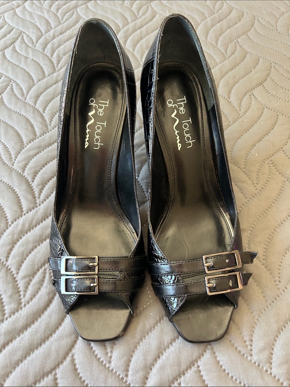 Touch of Nina Black Croc-Texture Peep-Toe Heels with Buckles